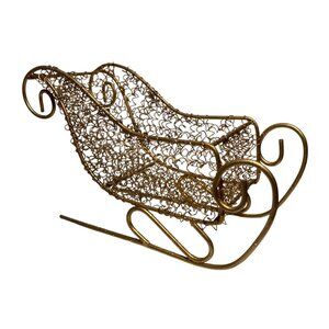 Gold Wire Mesh Sleigh Sculpture Handcrafted Ornamental Display 8" Long